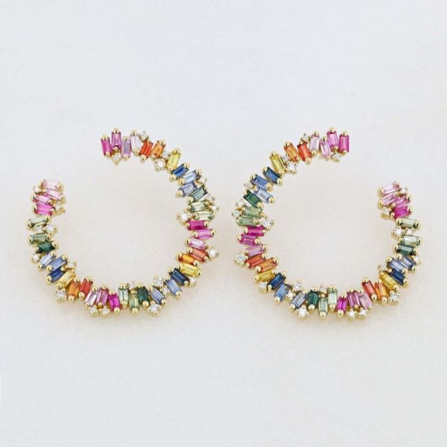Rainbow Sapphire Sideways Hoop Earrings