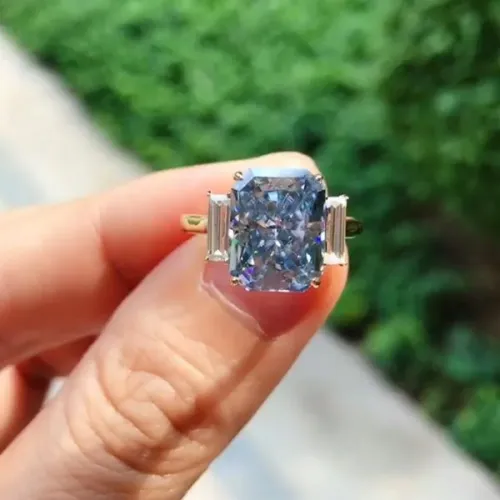 Three Stone Blue Radiant Cut Engagement Ring