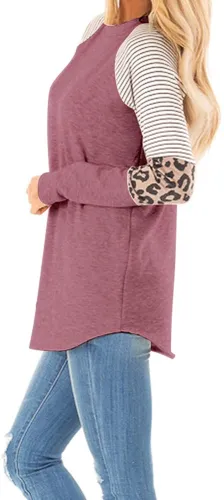 Women's Color Block Tunic Tops Long Raglan Sleeve Striped Shirts Round Neck Pullover T Shirt
