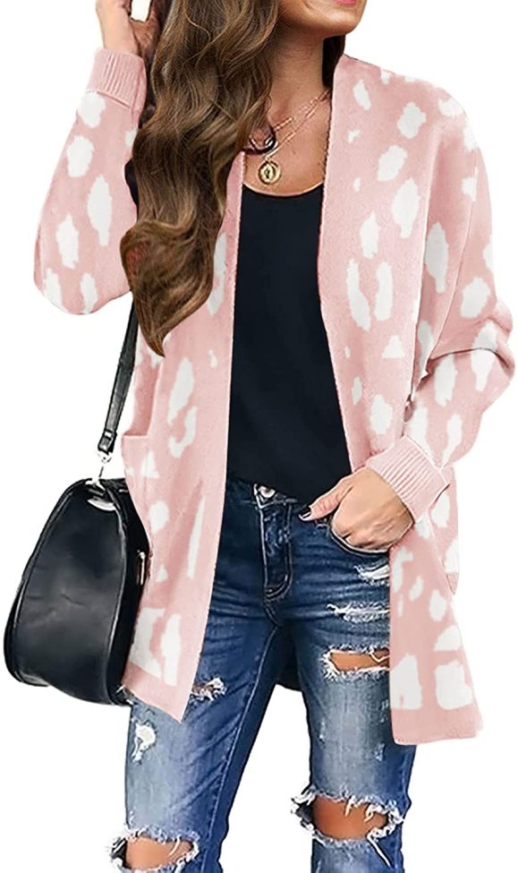 Women's Long Sleeves Open Front Leopard Print Knitted Sweater Cardigan Coat Outwear with Pockets