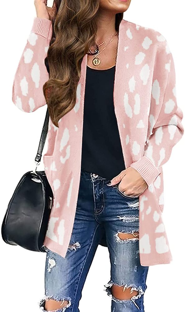 Women's Long Sleeves Open Front Leopard Print Knitted Sweater Cardigan Coat Outwear with Pockets