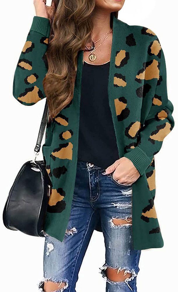 Women's Long Sleeves Open Front Leopard Print Knitted Sweater Cardigan Coat Outwear with Pockets