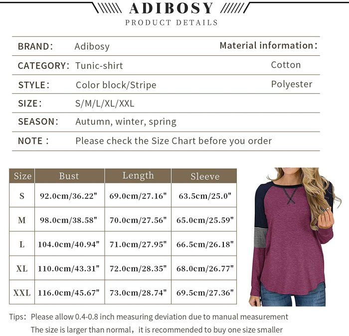 Women's Color Block Tunic Tops Long Raglan Sleeve Striped Shirts Round Neck Pullover T Shirt
