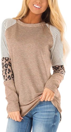 Women's Color Block Tunic Tops Long Raglan Sleeve Striped Shirts Round Neck Pullover T Shirt