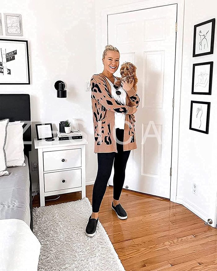 Women's Long Sleeves Open Front Leopard Print Knitted Sweater Cardigan Coat Outwear with Pockets