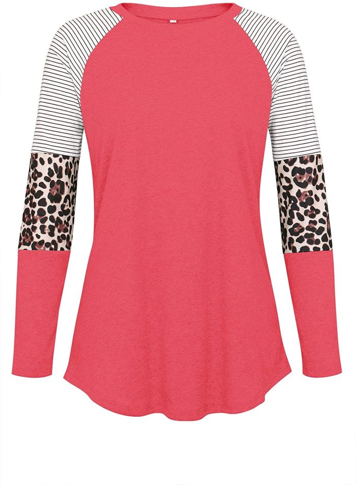 Women's Color Block Tunic Tops Long Raglan Sleeve Striped Shirts Round Neck Pullover T Shirt