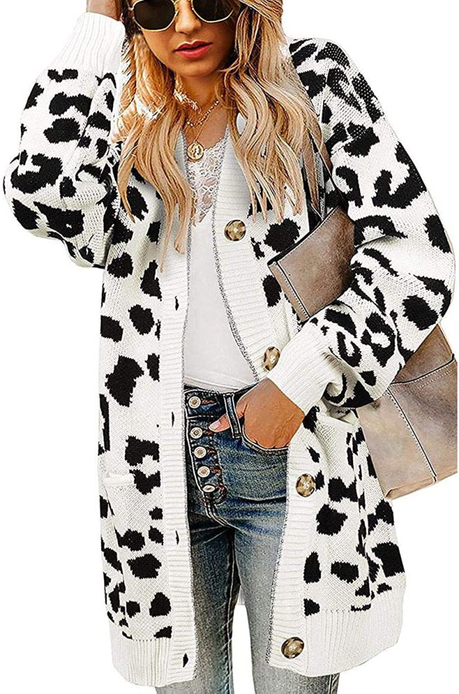 Women's Long Sleeves Open Front Leopard Print Knitted Sweater Cardigan Coat Outwear with Pockets