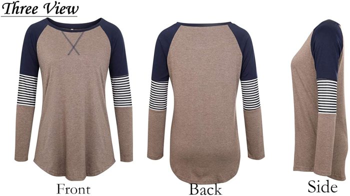 Women's Color Block Tunic Tops Long Raglan Sleeve Striped Shirts Round Neck Pullover T Shirt