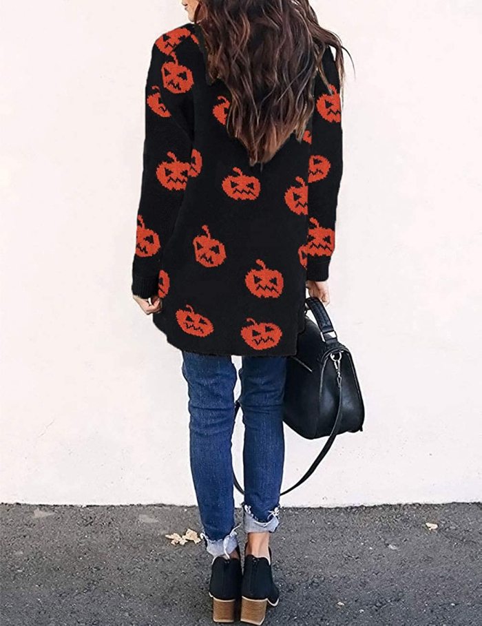 Women's Long Sleeves Open Front Leopard Print Knitted Sweater Cardigan Coat Outwear with Pockets