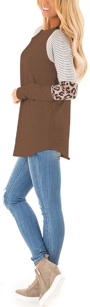 Women's Color Block Tunic Tops Long Raglan Sleeve Striped Shirts Round Neck Pullover T Shirt