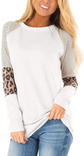 Women's Color Block Tunic Tops Long Raglan Sleeve Striped Shirts Round Neck Pullover T Shirt