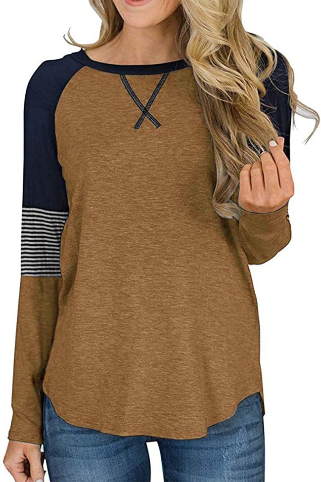 Women's Color Block Tunic Tops Long Raglan Sleeve Striped Shirts Round Neck Pullover T Shirt