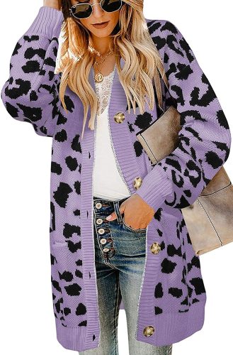 Women's Long Sleeves Open Front Leopard Print Knitted Sweater Cardigan Coat Outwear with Pockets