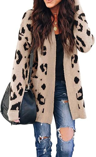 Women's Long Sleeves Open Front Leopard Print Knitted Sweater Cardigan Coat Outwear with Pockets