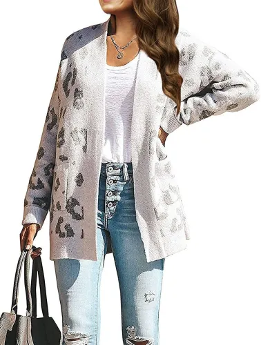 Women's Long Sleeves Open Front Leopard Print Knitted Sweater Cardigan Coat Outwear with Pockets
