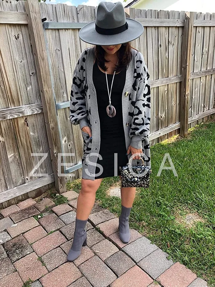 Women's Long Sleeves Open Front Leopard Print Knitted Sweater Cardigan Coat Outwear with Pockets