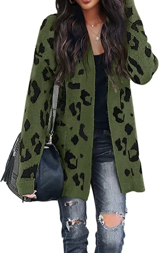 Women's Long Sleeves Open Front Leopard Print Knitted Sweater Cardigan Coat Outwear with Pockets