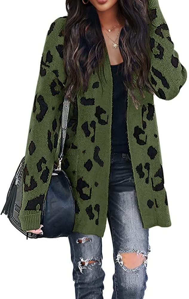 Women's Long Sleeves Open Front Leopard Print Knitted Sweater Cardigan Coat Outwear with Pockets