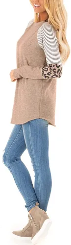 Women's Color Block Tunic Tops Long Raglan Sleeve Striped Shirts Round Neck Pullover T Shirt