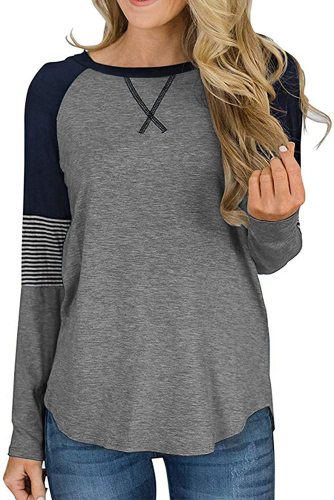 Women's Color Block Tunic Tops Long Raglan Sleeve Striped Shirts Round Neck Pullover T Shirt