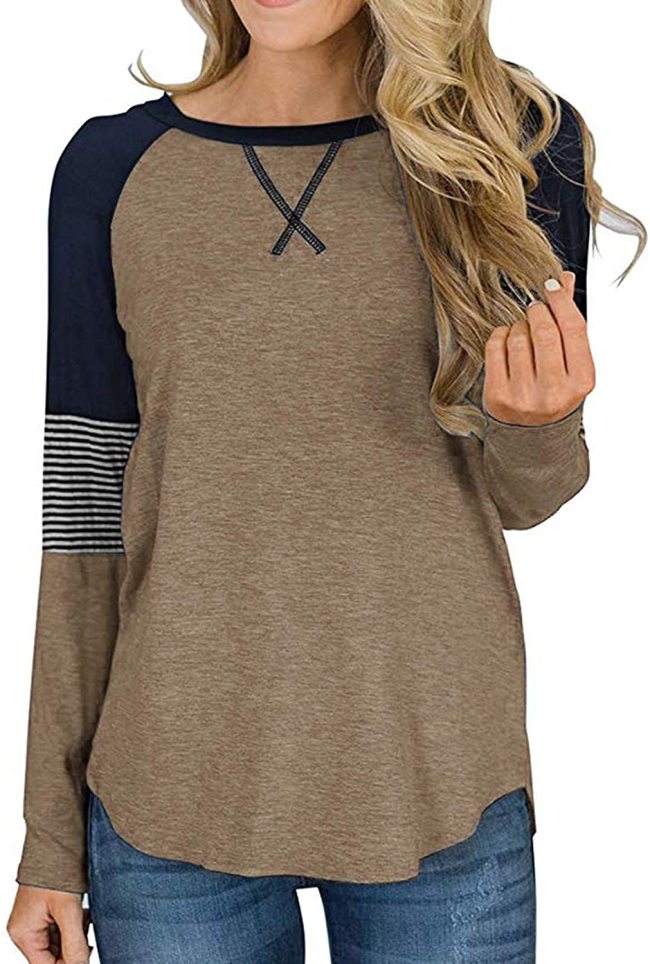 Women's Color Block Tunic Tops Long Raglan Sleeve Striped Shirts Round Neck Pullover T Shirt
