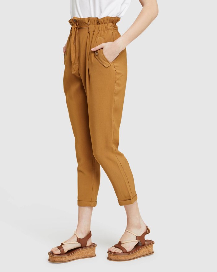 OLIVE DRAWSTRING VISCOSE PANTS