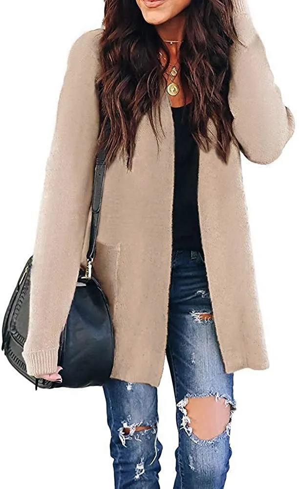 Women's Long Sleeves Open Front Leopard Print Knitted Sweater Cardigan Coat Outwear with Pockets