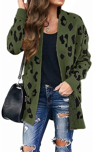 Women's Long Sleeves Open Front Leopard Print Knitted Sweater Cardigan Coat Outwear with Pockets