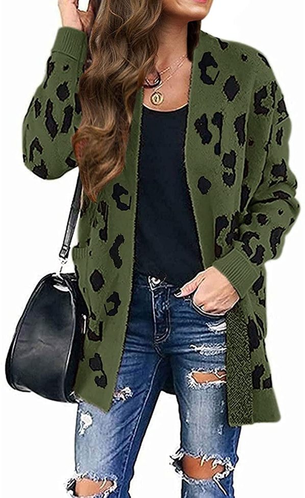 Women's Long Sleeves Open Front Leopard Print Knitted Sweater Cardigan Coat Outwear with Pockets