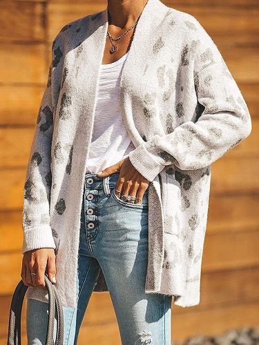Women's Long Sleeves Open Front Leopard Print Knitted Sweater Cardigan Coat Outwear with Pockets
