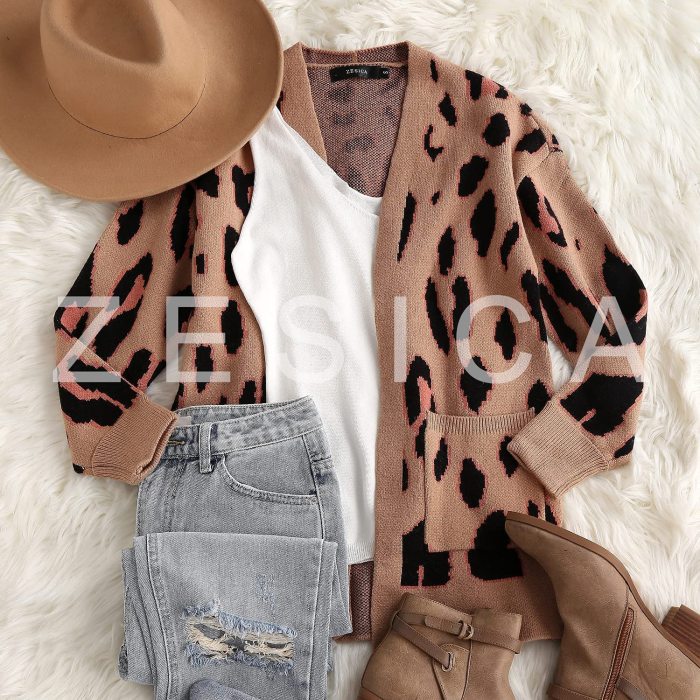 Women's Long Sleeves Open Front Leopard Print Knitted Sweater Cardigan Coat Outwear with Pockets