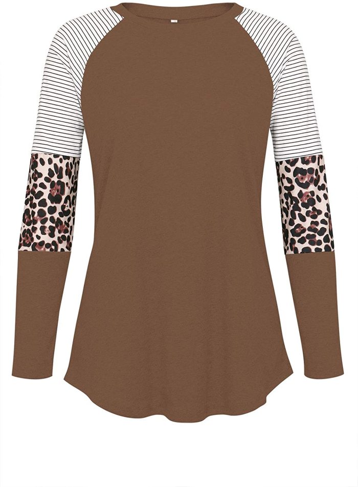Women's Color Block Tunic Tops Long Raglan Sleeve Striped Shirts Round Neck Pullover T Shirt