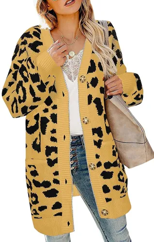 Women's Long Sleeves Open Front Leopard Print Knitted Sweater Cardigan Coat Outwear with Pockets