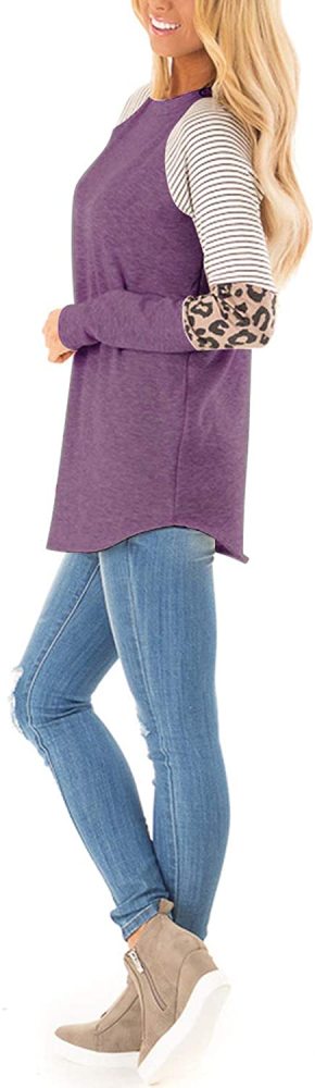 Women's Color Block Tunic Tops Long Raglan Sleeve Striped Shirts Round Neck Pullover T Shirt