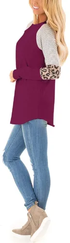 Women's Color Block Tunic Tops Long Raglan Sleeve Striped Shirts Round Neck Pullover T Shirt