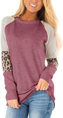 Women's Color Block Tunic Tops Long Raglan Sleeve Striped Shirts Round Neck Pullover T Shirt