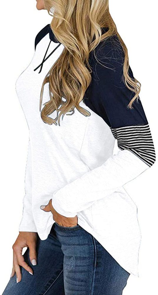 Women's Color Block Tunic Tops Long Raglan Sleeve Striped Shirts Round Neck Pullover T Shirt