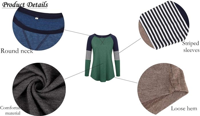 Women's Color Block Tunic Tops Long Raglan Sleeve Striped Shirts Round Neck Pullover T Shirt