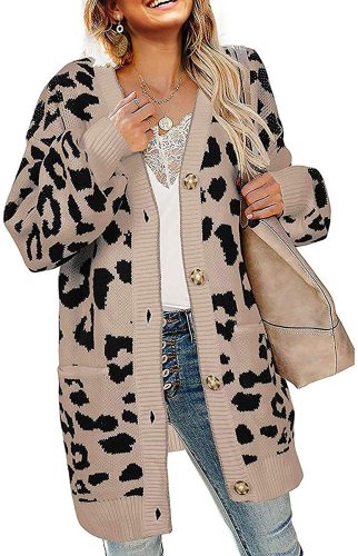 Women's Long Sleeves Open Front Leopard Print Knitted Sweater Cardigan Coat Outwear with Pockets