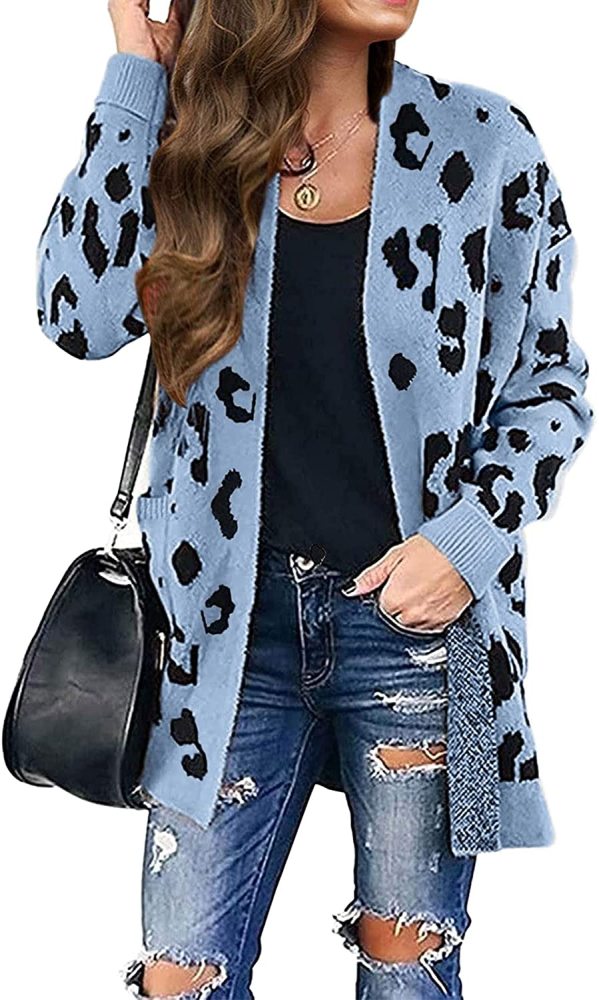 Women's Long Sleeves Open Front Leopard Print Knitted Sweater Cardigan Coat Outwear with Pockets