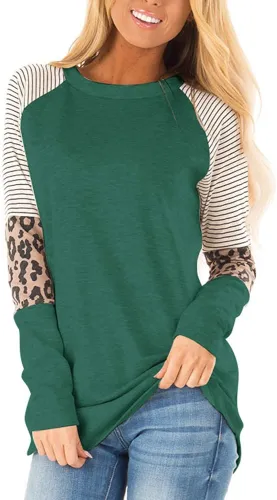 Women's Color Block Tunic Tops Long Raglan Sleeve Striped Shirts Round Neck Pullover T Shirt