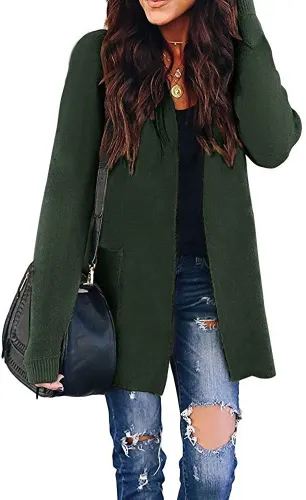 Women's Long Sleeves Open Front Leopard Print Knitted Sweater Cardigan Coat Outwear with Pockets