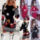 Women Fashion Santa Claus Printed Christmas Dress Xmas Dress Long Sleeve Casual Party Dress Knitted Short Dress Sweater Dress Mini Dress Bodycon Dress