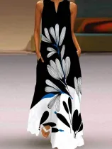 Women Loose Print Black Long Dress P152552643