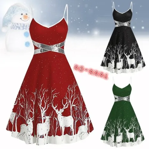 Women Fashion Christmas Print Sequin Patchwork Sleeveless Dress Santa Xmas Deer Skater Party Dresses Plus Size