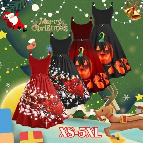 Newest Fashion Women Elegant Christmas Sling Print Dress Halloween Pumpkin Knee Length Party Dresses Retro Sleeveless Swing Festival Costume XS-5XL