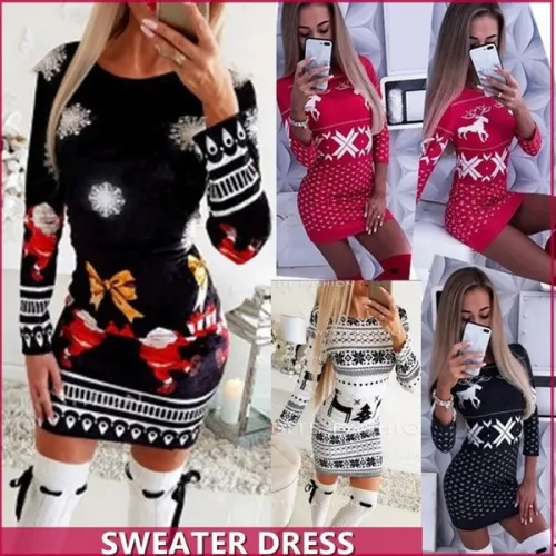 Women Santa Claus Printed Christmas Dress Xmas Dress Long Sleeve Casual Party Dress Knitted Skinny Sexy Short Dress Sweater Dress Mini Bodycon Dress