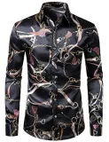 Men's Luxury Printed Silk Like Satin Button Down Long Sleeve Dress Shirt for Party Prom