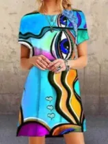 Women Loose Round Collar Face Print Dress P157838383