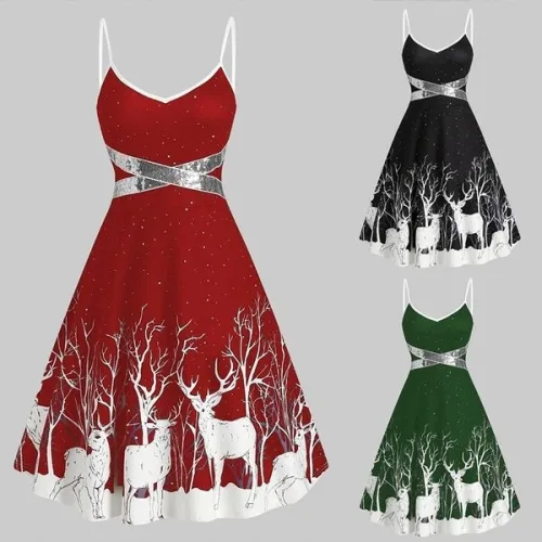 Christmas Print Sequin Patchwork Sleeveless Dress Santa Xmas Deer Skater Party Dresses